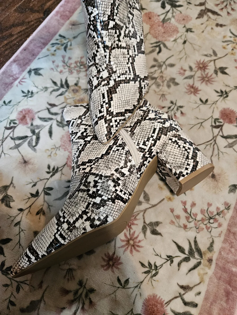 Sugar Black & White Snake-Print Pointed Ankle Boots